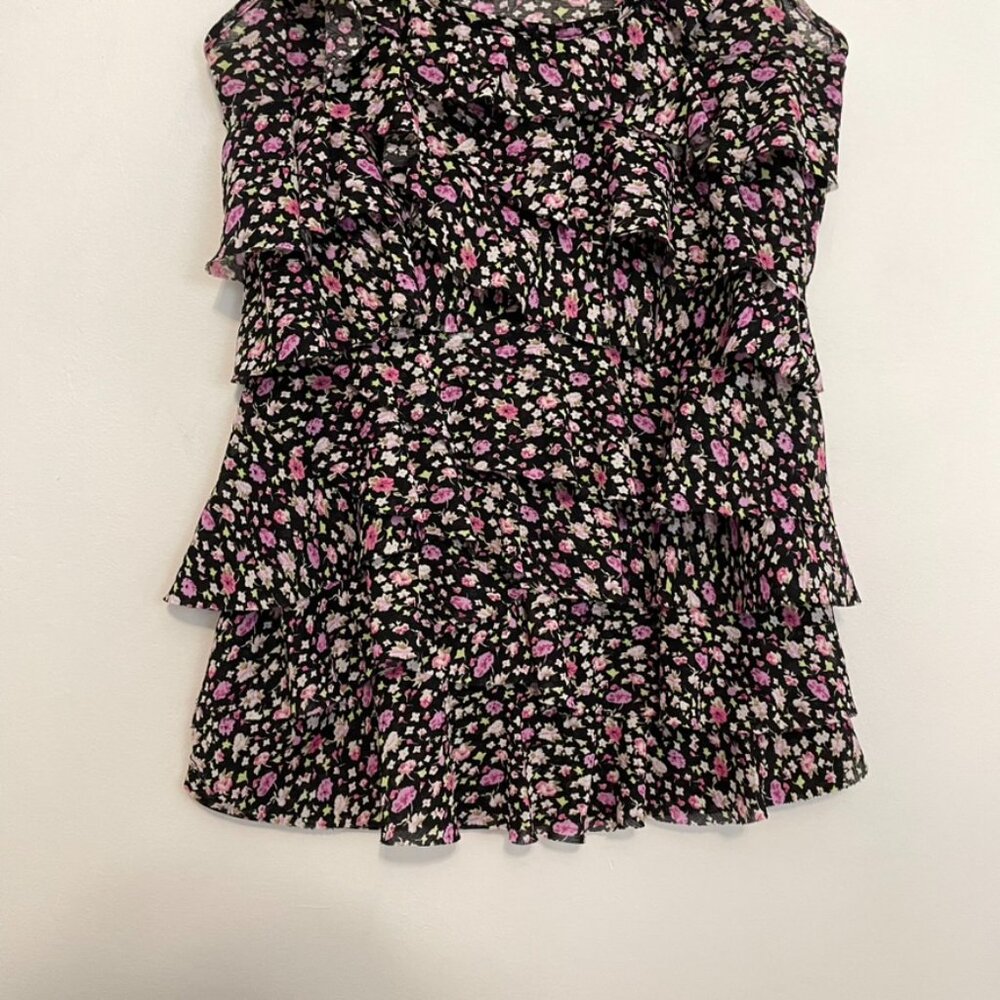 EXPRESS Black Purple Floral Mesh Tiered Ruffle Sleeveless Y2K Tank Blouse Top S - Picture 3 of 12